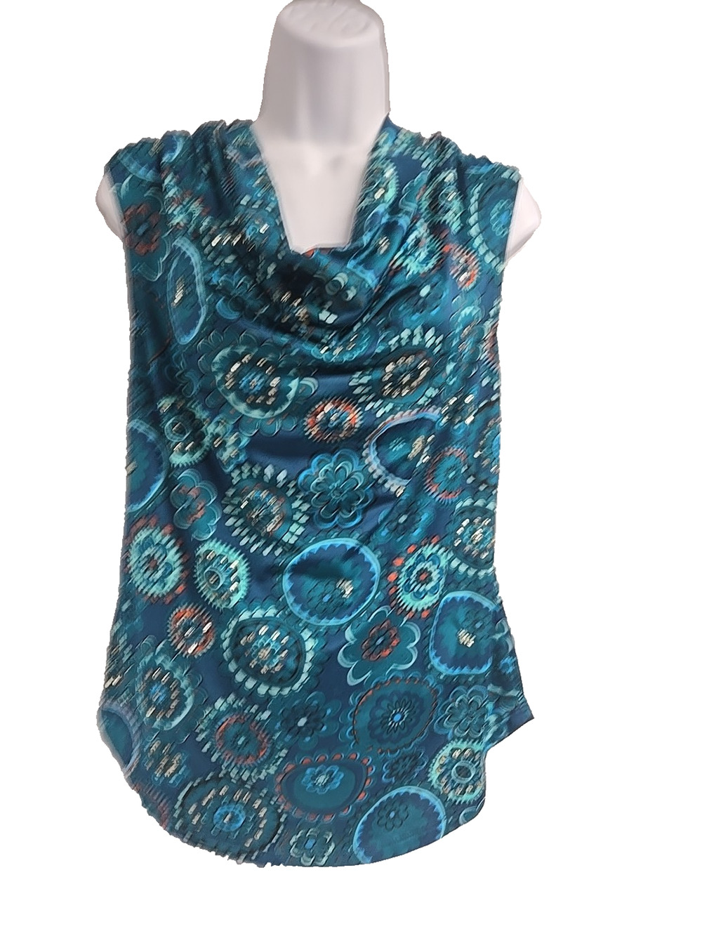 International Consept Womens Blouse Blues Cowl Neck Sleeveless Sequined Size M